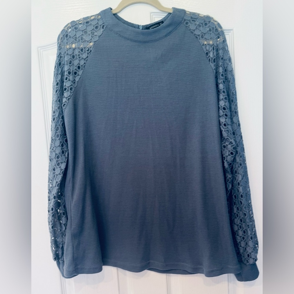 Miholl Slate Blue Waffle Knit Top with Lace Sleeves XL